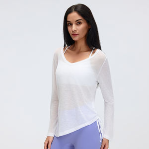 <span class=keywords><strong>Camiseta</strong></span> de yoga transparente de manga larga para mujer, cuello en V, cintura con cordón, ajuste holgado, para fitness y entrenamiento - Product Image 3