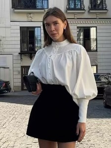 <span class=keywords><strong>Chemisier</strong></span> décontracté <span class=keywords><strong>blanc</strong></span> à col montant et manches larges, style français élégant, boutonné, pour femme, style cour, à manches longues, idéal pour l'été - Product Image 4