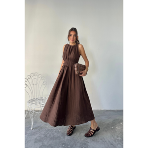Robe maxi sans manches en mousseline marron, taille élastique, robe décontractée, taille S - Product Image 6