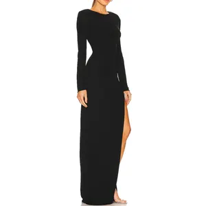 Robe de soirée Maxi à manches longues, épaules rembourrées, ajustable, à lacets, dos ouvert, pour femmes