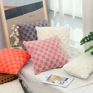 MU Professional supplier soft solid plaid plush little check pillow case modern luxury soft home textile throw pillow cover