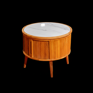 Table d'appoint ronde blanche avec dessus en faux marbre et finition chêne à lattes Tables basses Genre - Product Image 1