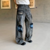 Jean en denim pour homme, coupe ample, jambe large, double pli au genou, délavé gris, déchiré, style streetwear, vintage