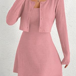 Ensemble deux pièces en tricot rose pour femmes, nouvelle collection automne 2025, ensembles décontractés - Product Image 5