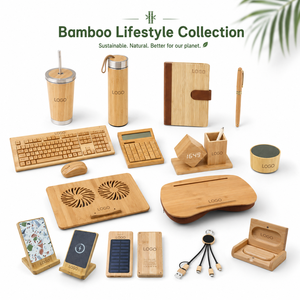 Ensemble d'accessoires de bureau Bamboo Lifestyle Collection avec clavier, souris, calculatrice, porte-stylo, haut-parleur, logo personnalisé - Product Image 1