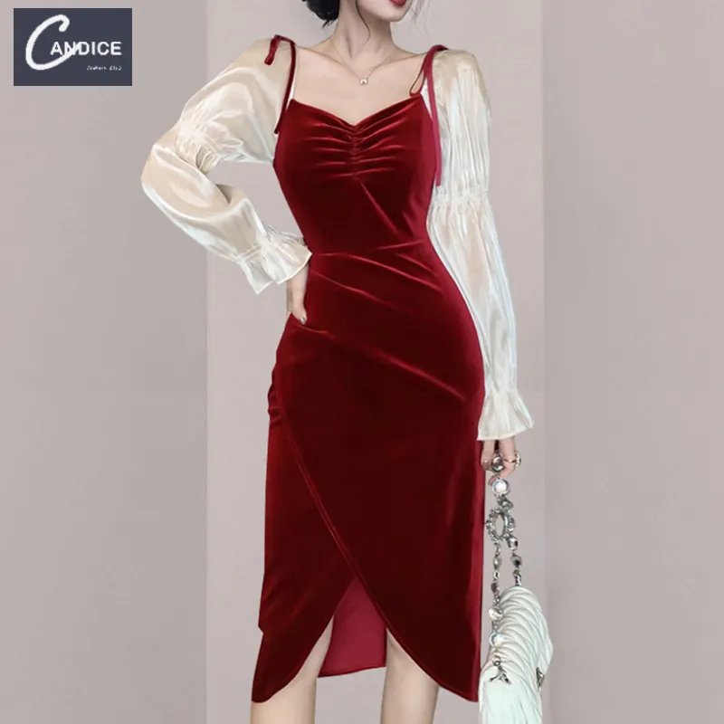 Candice 2021 new design luxury evening birthday wear long puff sleeve maxi velvet korean vintage party dress for ladies