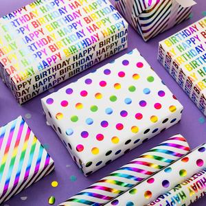 Papel de embalaje electroaluminizado personalizable con puntos coloridos y rayas diagonales, ideal para cumpleaños. - Product Image 4