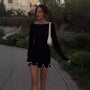 Abito <span class=keywords><strong>Corto</strong></span> Sexy Aderente da <span class=keywords><strong>Donna</strong></span> con <span class=keywords><strong>Maniche</strong></span> <span class=keywords><strong>Lunghe</strong></span>, Tinta Unita, Lavorazione a Maglia Arricciata, Mini Abito Primavera Estate - Product Image 2