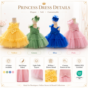 Robe trapèze pour filles, style européen, formelle, à motif floral uni, col rond, pour enfants - Product Image 3