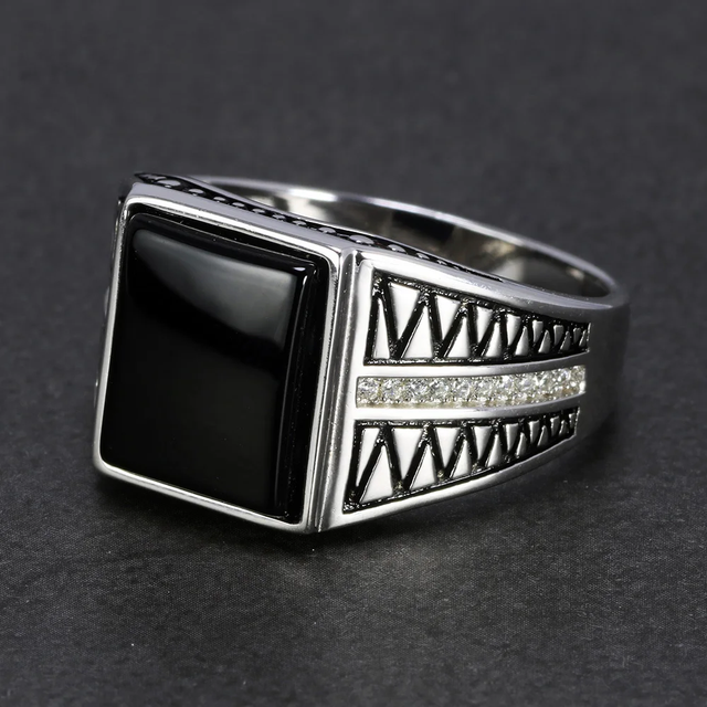 Genuine Solid Sterling Silver 925 Turkish Men RingsRetro Antique Men Signet Ring With Square Black Onyx Turkish Jewellery