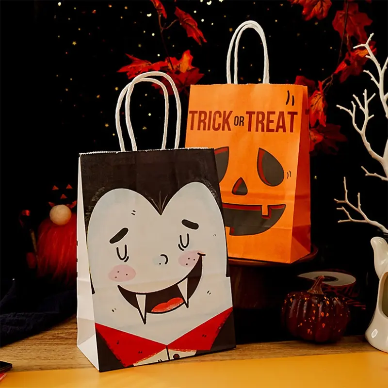 Bolsas de regalo temáticas de Halloween personalizadas con asa Bolsas de papel ecológicas reciclables con su propio logotipo