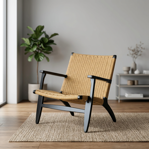 Chaise longue de jardin en teck tressé de style scandinave nordique avec accoudoirs en corde pour balcon, patio, salon et café - Product Image 3