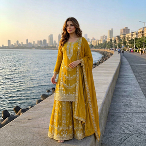 Ensemble Anarkali brodé couleur moutarde avec dupatta, style Jarkhand, traditionnel indien et pakistanais, pour femme, longueur genou, tenue de mariage, coupe classique - Product Image 1