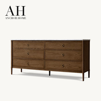 Commode moderne en bois massif avec plateau en marbre, six tiroirs, poignées en laiton, pieds coniques, buffet large pour chambre et salon
