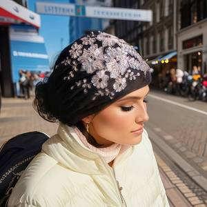 New fashionable 3D floral pleated <b>hat</b>, stylish Muslim headscarf <b>for</b> women, elegant and ethnic - Product Image 5