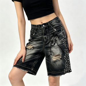 Shorts en jean décontractés taille haute skinny pour <span class=keywords><strong>femme</strong></span>, imprimé squelette, déchirés et effilochés, pour l'été - Product Image 5