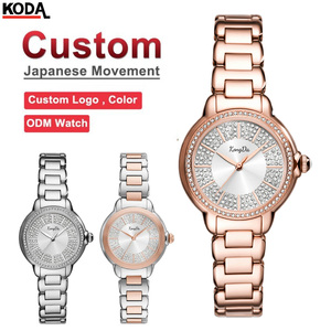 Montre à quartz de luxe pour femmes, personnalisée OEM, avec lunette entièrement sertie de diamants en or rose, bracelet en <span class=keywords><strong>acier</strong></span> inoxydable, logo personnalisé, montre pour femmes - Product Image 1