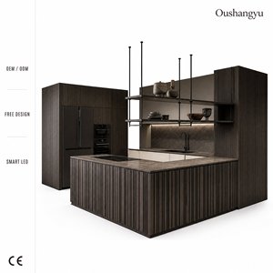 Meubles de <span class=keywords><strong>cuisine</strong></span> en panneaux E1 de 18 mm, <span class=keywords><strong>étagère</strong></span> <span class=keywords><strong>suspendue</strong></span> en U cannelée de couleur charbon, style industriel, pour îlot de <span class=keywords><strong>cuisine</strong></span> de luxe sur mesure - Product Image 2