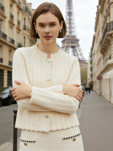 WK31 <span class=keywords><strong>Cardigan</strong></span> di Lusso Personalizzato 100% Lana, Lavorazione Jacquard Traforata, Collo Tondo, Bordi Ondulati per Donna - Product Image 2