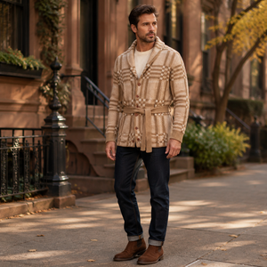 Cardigan pour homme 100 % polyester à carreaux, col châle, ceinturé, boutonné, <span class=keywords><strong>en</strong></span> maille, avec poches, automne-hiver, vente <span class=keywords><strong>en</strong></span> gros, OEM - Product Image 3