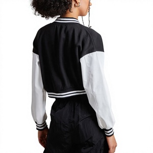 <b>women's</b> clothing <b>Women's</b> Black <b>White</b> Varsity <b>Jacket</b> Full Sleeve Turn Down Collar Short Crop Button Closure Letter Print <b>Jackets</b> - Product Image 2