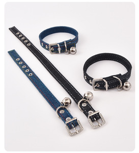 Adjustable Leather Denim Pet <b>Collar</b> with Bell Simple Vintage Style Neck Strap for Small Medium Dogs <b>Cats</b> - Product Image 2