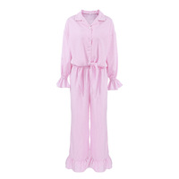 RUIYI Sommer Herbst Winter Romantische Pyjamas Rosa Kariert Gerüschter Langarm-Cardigan Spitzenhose Zweiteiliges Set Weich Atmungsaktiv