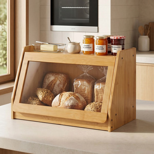 Armoire de rangement pour pain en bambou avec couvercle rabattable, boîte de rangement multifonctionnelle pour pain et céréales - Product Image 3
