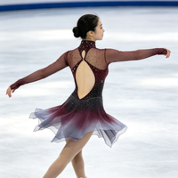 Robe de patinage artistique pour enfants, dégradé rouge vin, noir et gris, en spandex/nylon, maille ajourée, dos ouvert, ornée de strass, pour filles