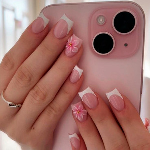 <span class=keywords><strong>Uñas</strong></span> <span class=keywords><strong>Postizas</strong></span> a Granel, Color Rosa Nude, con Borde Irregular Desgarrado, Degradado 3D con Flores Rosas, <span class=keywords><strong>Uñas</strong></span> <span class=keywords><strong>Postizas</strong></span> Cortas en Forma de Almendra - Product Image 1