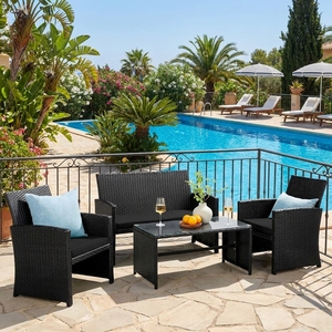 Ensemble de salon de jardin 4 pièces en rotin PE abordable, mobilier de patio portable en osier avec table basse pour balcon et terrasse d'appartement - Product Image 1