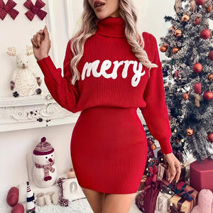 Abito da donna in <span class=keywords><strong>maglia</strong></span> rossa invernale a-line semplice maglione Casual a collo alto abito corto traspirante sottile - Product Image 3