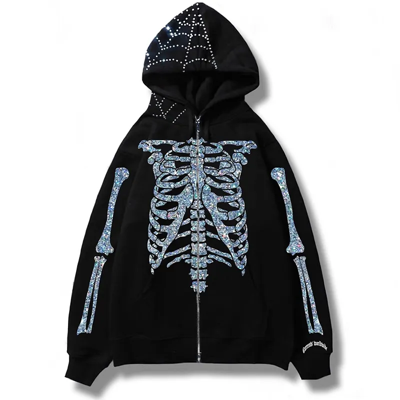 Hot Sale Dark Punk Y2K Kleidung Langarm Strass Hoodie benutzer definierte Skelett druck Baumwolle Hoodie hochwertige Großhandel