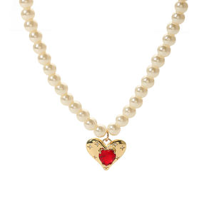 Collar de Perlas con Colgante de Corazón Clásico en Acero Inoxidable Chapado en Oro de 18K con Circonita Roja Rosa para Mujer, para el Día de San Valentín - Product Image 1