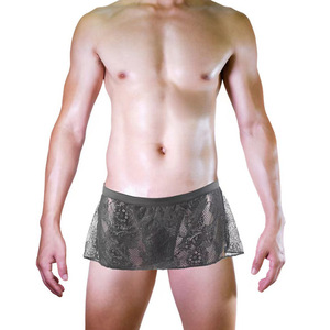 Men's <b>Sexy</b> Low Rise Lace Flared Skirt Shorts <b>Thong</b> See Through Seductive Underwear Red - Product Image 3