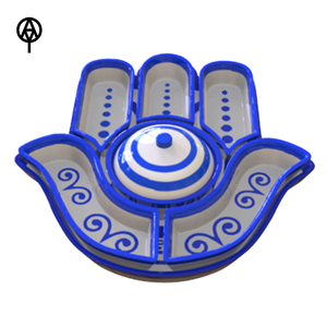 Commercio all'ingrosso blu ceramica <span class=keywords><strong>Hamsa</strong></span> piatto a mano malocchio arte mediterraneo vassoio spirituale personalizzato Fatima piatto a mano per gioielli monete - Product Image 2
