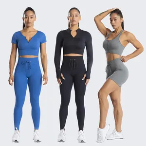 High Stretchy New Arrival Wholesale Yoga Athletic Suit Seamless 5 Piece Gym Fitness Front Zipper High Waisted Woman Workout Set