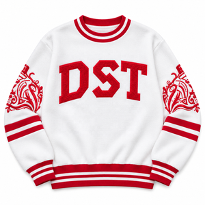 Sudadera Blanca con Cuello Redondo de la Hermandad DST, Bordado de Letras Rojas, Hombros Caídos, Sudadera de Felpa Personalizada - Product Image 5