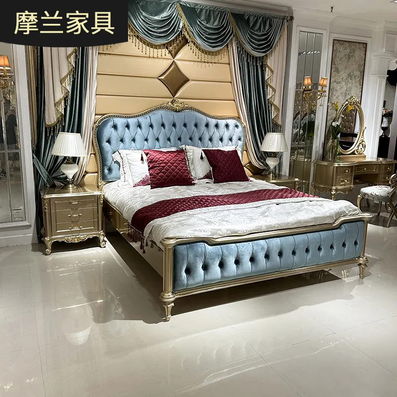 MO LAN dormitorio principal de lujo de cuero europeo 1,8 m doble neoclásico color champán madera maciza tallada princesa cama King