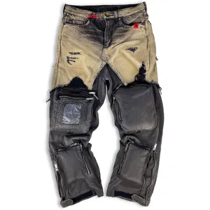 DiZNEW High Quality Manufacturer Customized 2 Tone Fabric Patchwork Multi Pocket Mens Straight Leg Jeans Denim