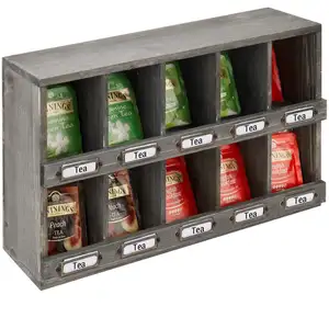 Hot Sale Tea Bag Storage Shelf Reclaimed Style Gray Wood Wall Mounted Teabag Display Box with Vintage Label Holders