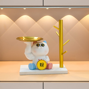Happy Cat Resin Ornament With Tray Cosmetic Storage Desktop Decoration Feng Shui Lucky Cat Figurine For Chinese New Year - Product Image 1
