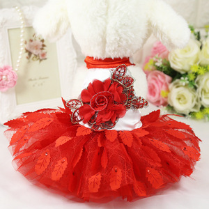 Shine And Shine Pet Wedding Dress Red Purple Leaf Pattern Glittering Skirt <b>For</b> Dog <b>Cat</b> Summer <b>Clothes</b> - Product Image 2