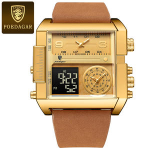 POEDAGAR Montre Homme Dorée Rectangle Étanche Lumineuse Jour Semaine Montre-Bracelet Homme Montres Multifonctions Homme Quartz Numérique Reloj - Product Image 2