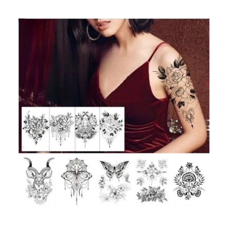 Benutzer definierte Körper kunst Malerei Schöne schwarze Schmetterling Rose Blume Tattoo Aufkleber für Frauen Wasserdichte sexy Blume Temporäre Tattoos