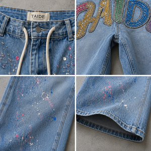 Jean Baggy TaiDe Certifié GRS avec Strass, Lettres Arc-en-ciel et Effet Peinture Éclaboussée, Coupe Large, Taille à Cordon, Style Streetwear, Vente en Gros - Product Image 2