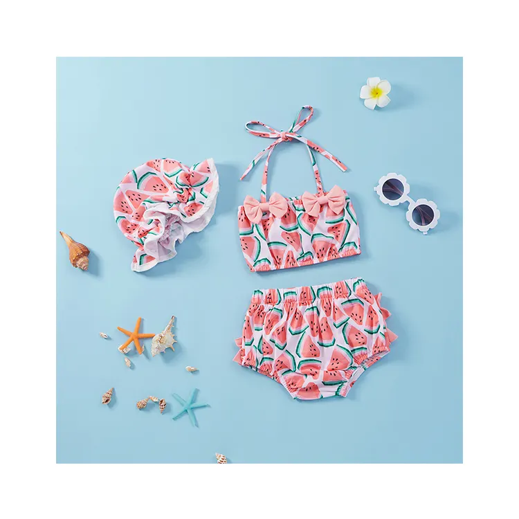 3pcs china factory price Swimwear Beachwear Summer Swimsuit Top Shorts Hat Swimming Suit Toddler Baby Bikinis for Kids Girls