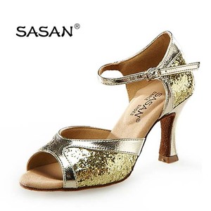 Lady Gold Latin Dance Shoes Salsa Wedding Shoes S-31 Soft Lace-up Style avec paillettes en cuir véritable et doublure en coton - Product Image 2