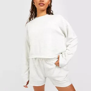 Custom Logo Terry Cloth Set White Loose Cropped Raw Edge Sweatshirt Elastic Waist Shorts Suits Set For Women