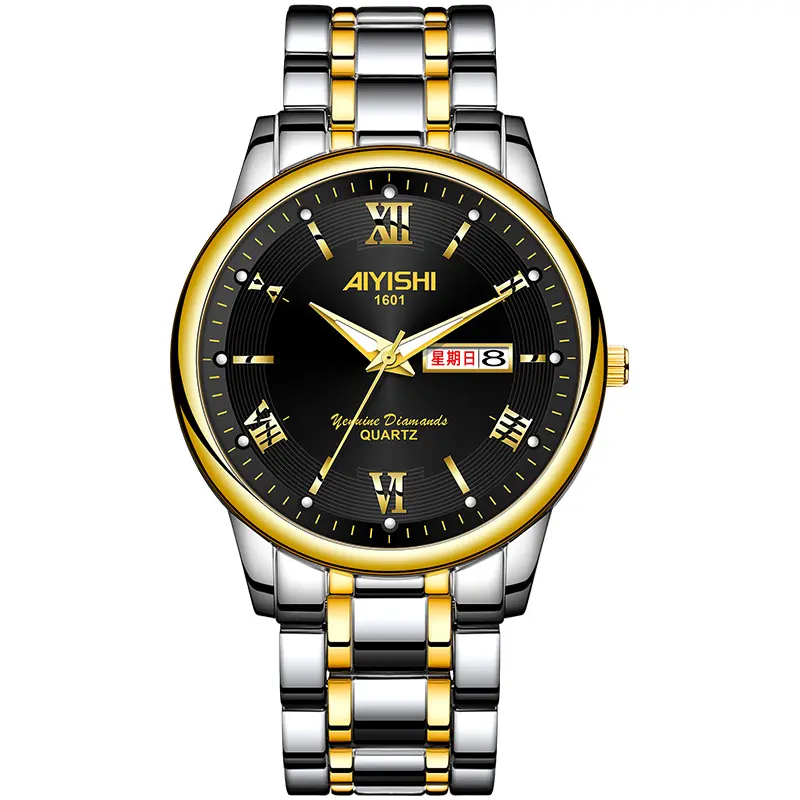 Montres-bracelets à quartz en or mince et de marque personnalisée pour hommes, avec logo en acier inoxydable, montres, étui, mode de luxe, jaune